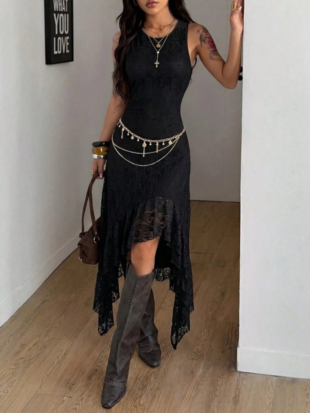 Black Lace Sleeveless Handkerchief Hem Maxi Dress